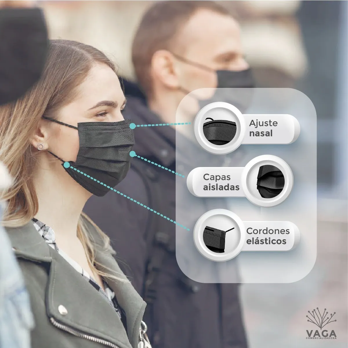 Cubrebocas Negro Plisado Tricapa Termosellado 50 Piezas Vaga - Imagen 2