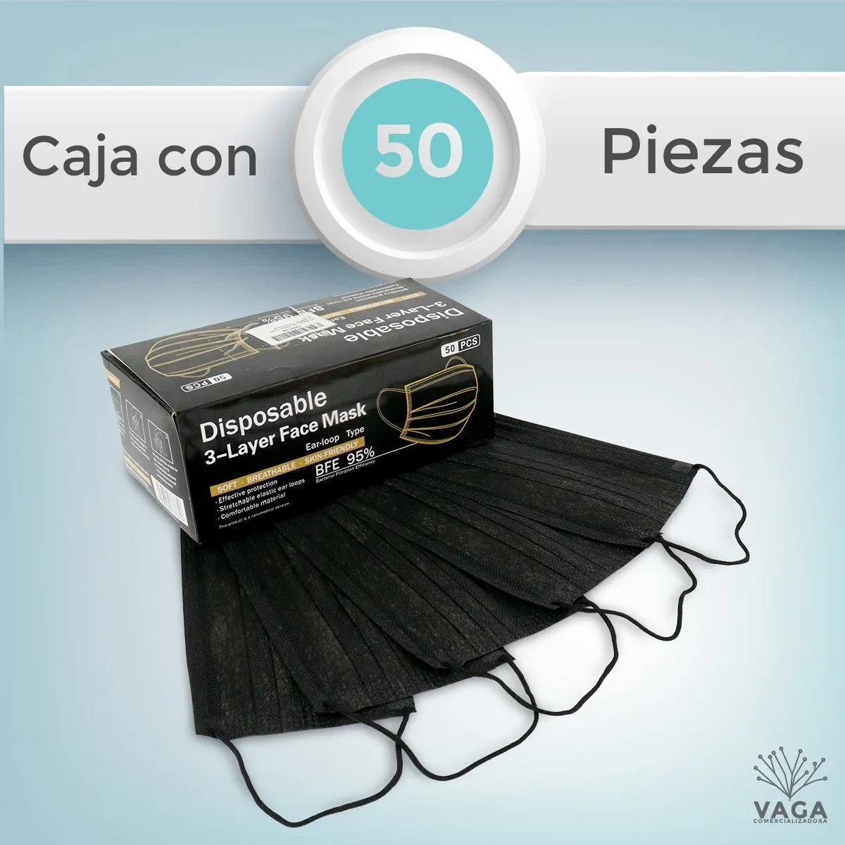 Cubrebocas Negro Plisado Tricapa Termosellado 50 Piezas Vaga - Imagen 4